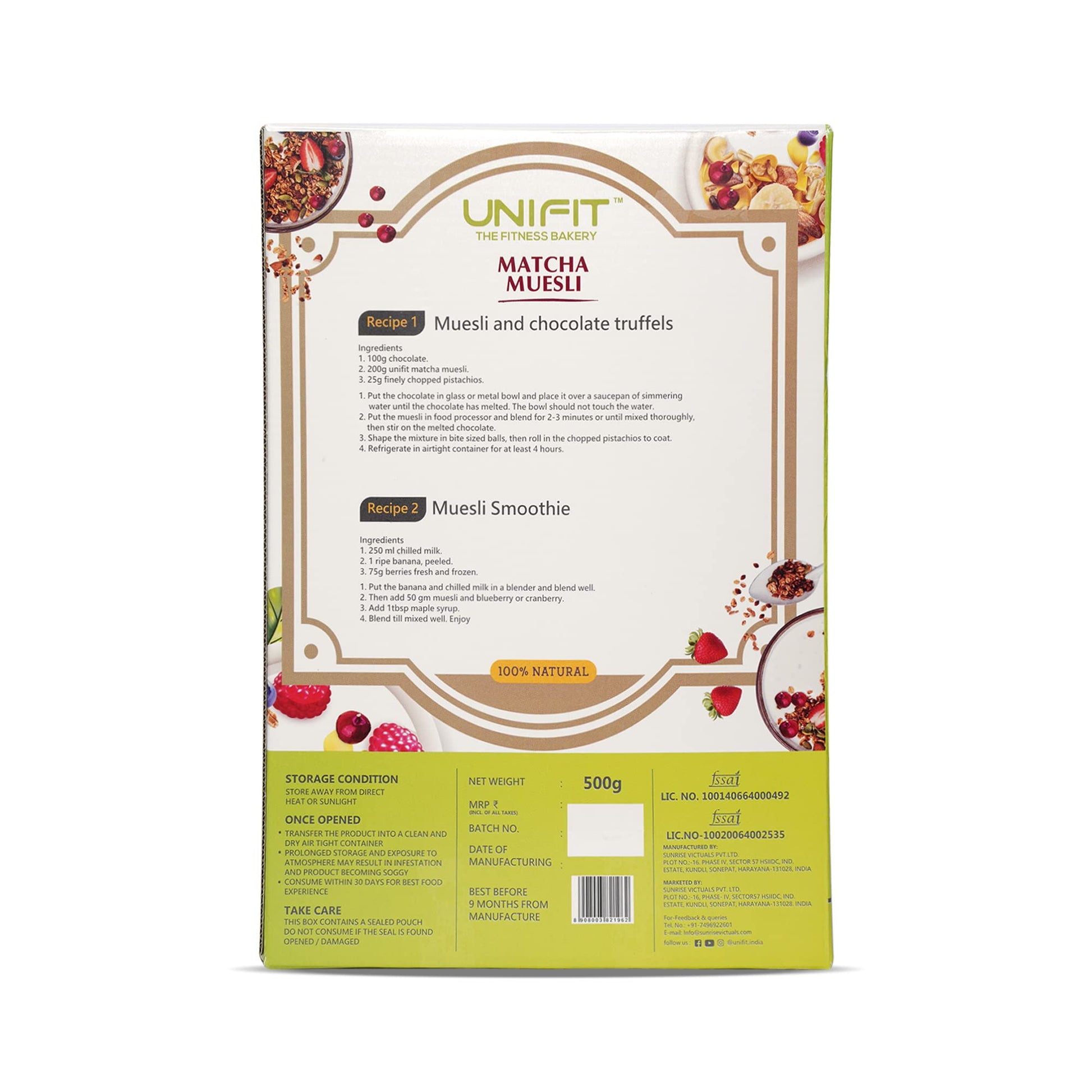 UNIFIT Muesli Cereal for Breakfast | Matcha Powder | Healthy Breakfast Cereals | High Protein Cereal Oats | Instant & Crunchy | Ready to Eat | With Goodness of Cranberries & Almonds | 500g