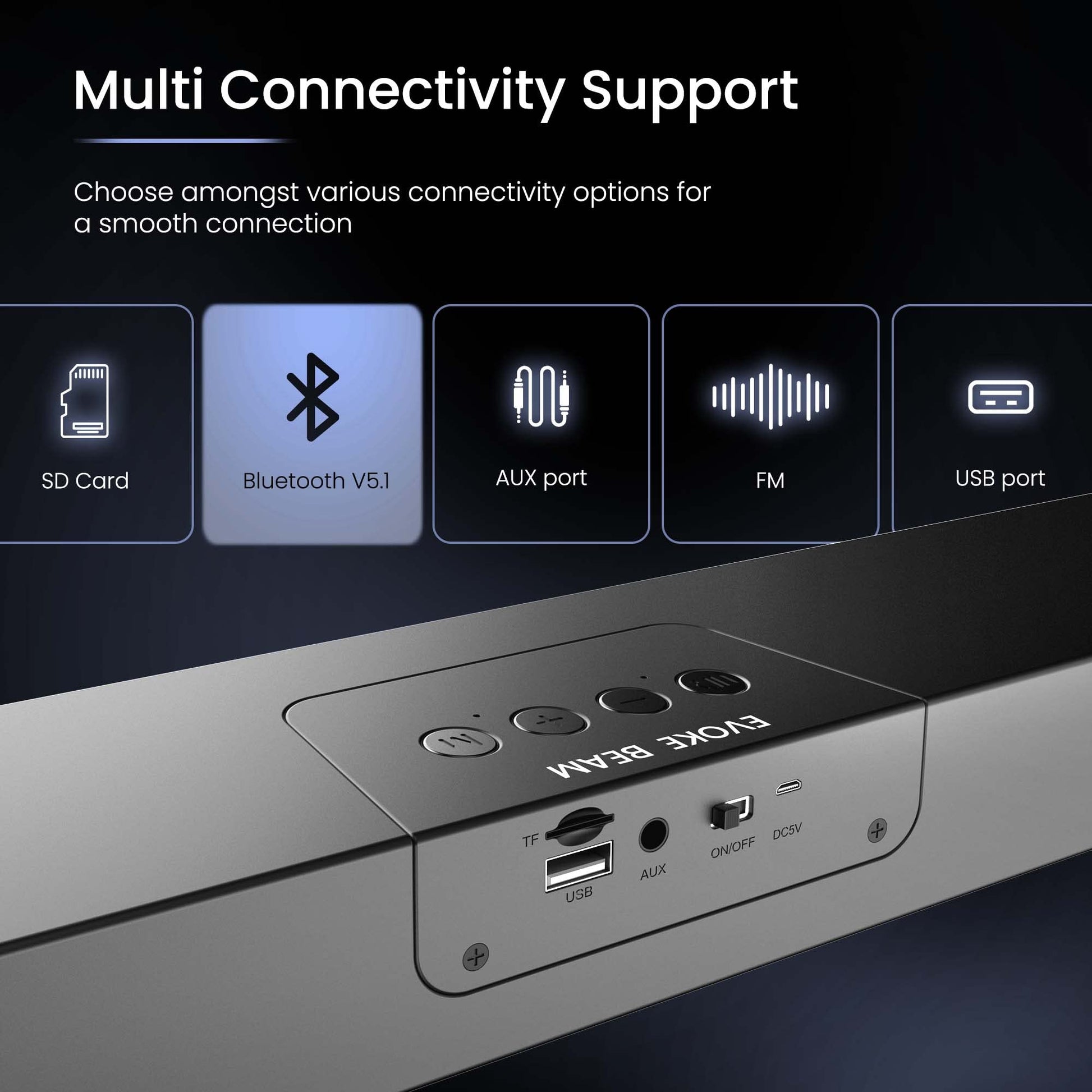 Ambrane 10W Wireless Bluetooth Soundbar with 8Hrs Playtime, BoostedBass, Immersive Sound, 51mm Driver, RGB Glow Lights, Portable Design, Integrated Music & Call Control (Evoke Beam, Black)