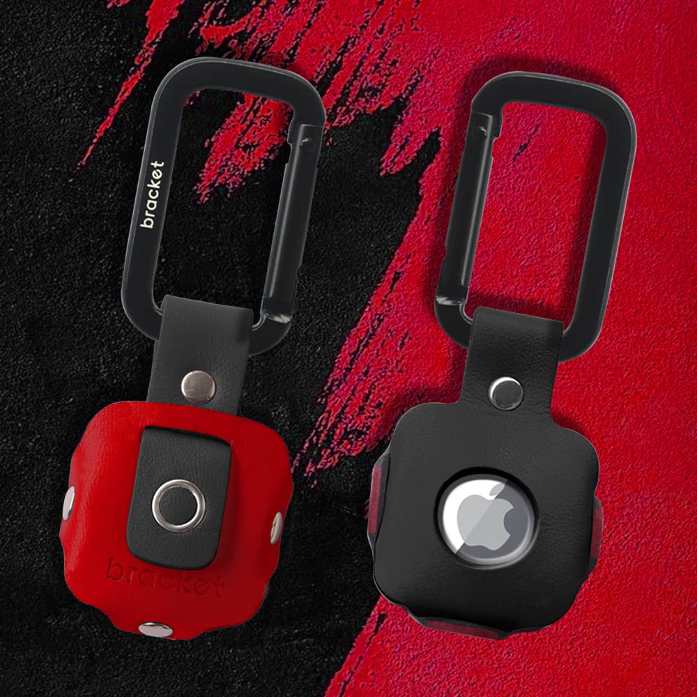 Airtag Premium Leather Key Ring Holder Case Cover Compatible with Apple Airtag, Comes with Metal Carabiner & Transparent AirTag Protective Film (1-Pack, Red & Black) (AirTag Not Included)