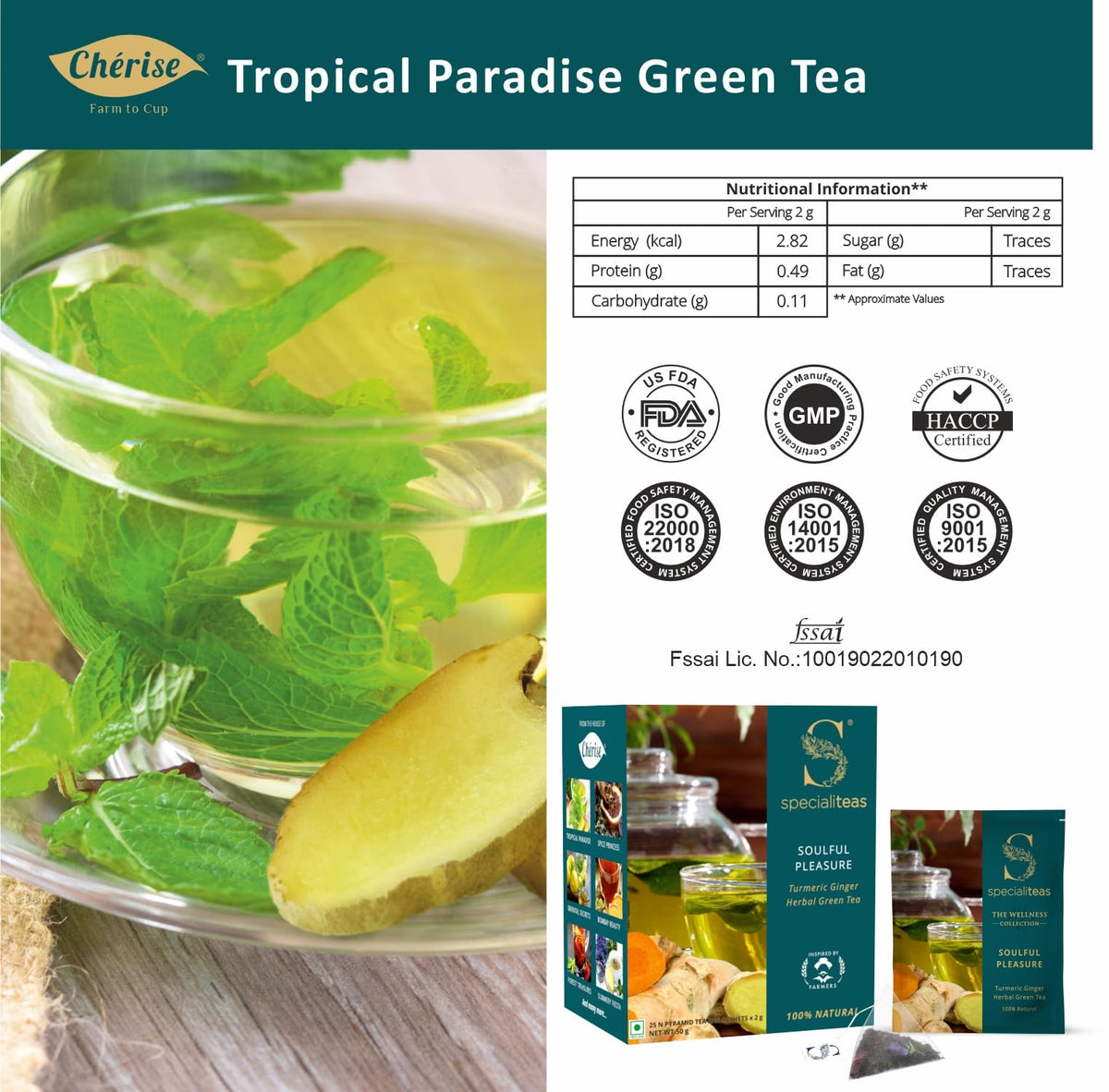 Cherise Specialiteas Tropical Paradise Ginger Mint Herbal Green Tea (2 g x 25 Pyramid Tea Bags)