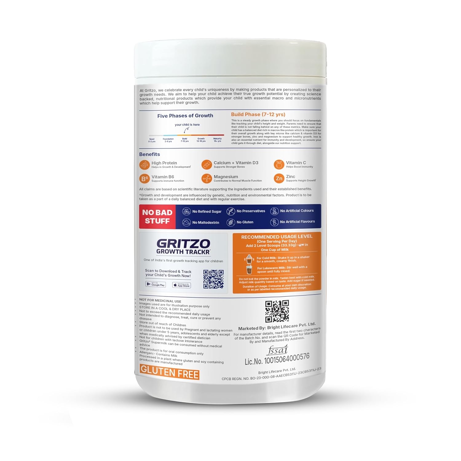 Gritzo SuperMilk Overall Growth (7-12y Boys), 9g Protein (Double Chocolate, Zero Refined Sugar, 20 Vitamins & Minerals