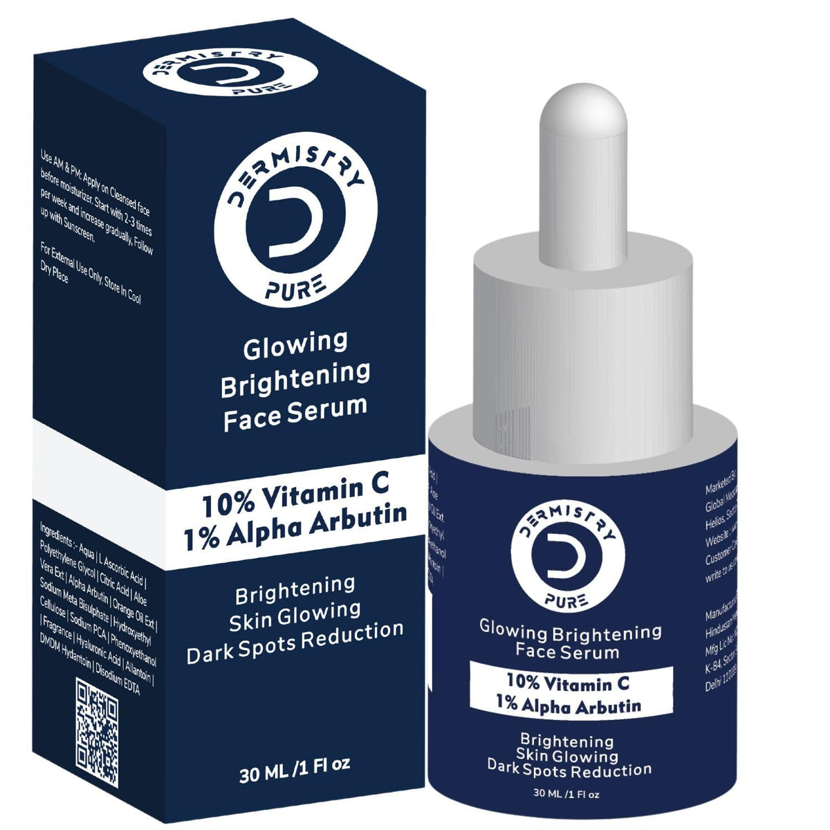 Dermistry Pure 10% Vitamin C 1% Alpha Arbutin Skin Lightening Brightening Glowing Fairness Face Serum Removes Dull Skin Pigmentation Dark Spots Corrects Radiance Repair Sun Damage 30ml