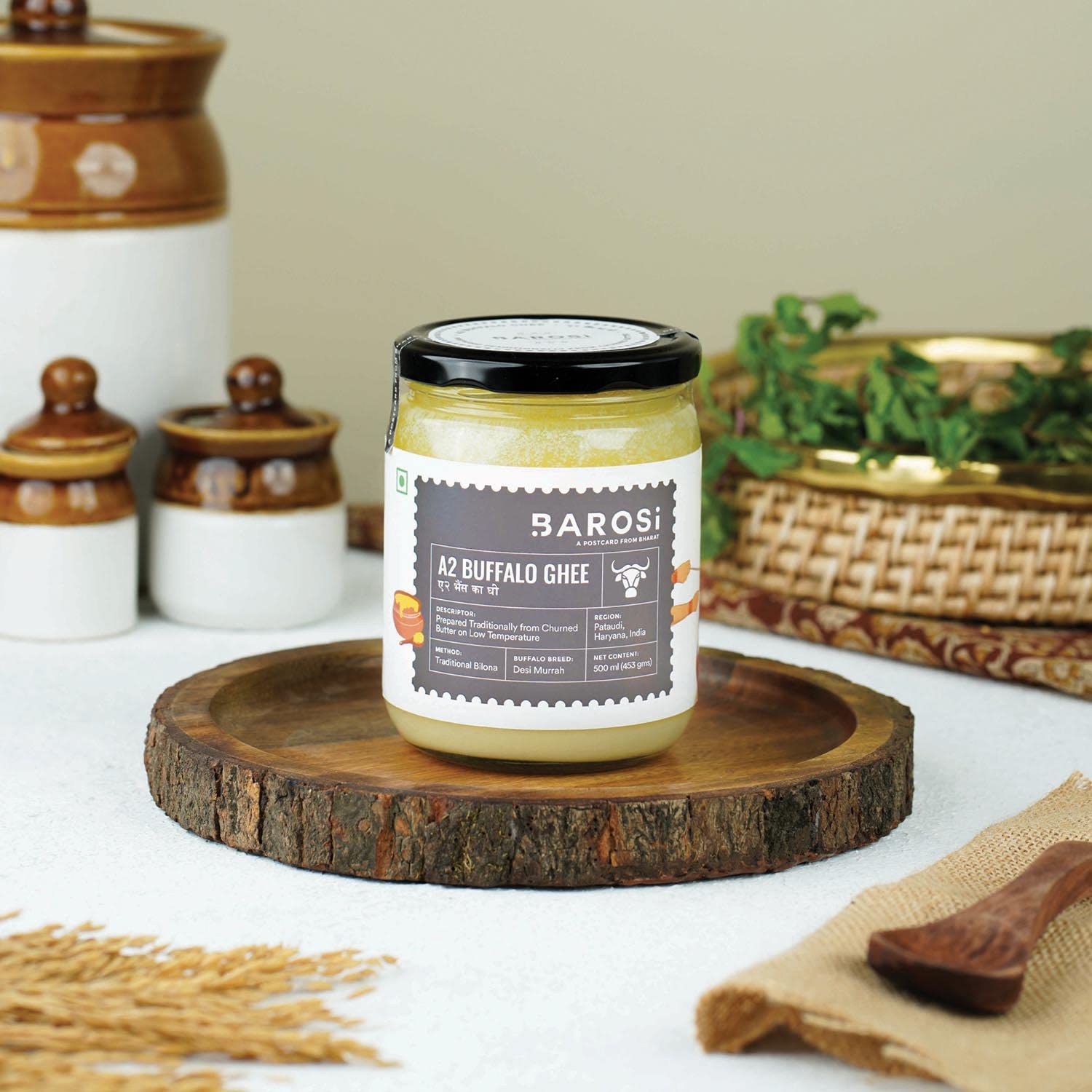 Barosi Premium Buffalo Ghee 500 Ml | Vedic Bilona Method | Churned From Curd | Pure & Natural | Farm Made In Small Batches | Glass Jar Packing