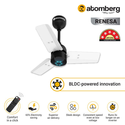 atomberg Renesa 600mm BLDC Motor 5 Star Rated Sleek Ceiling Fans with Remote Control | Upto 65% Energy Saving, High Air Delivery and LED Indicators | 2 years(+1 Year extended Warranty on registration)