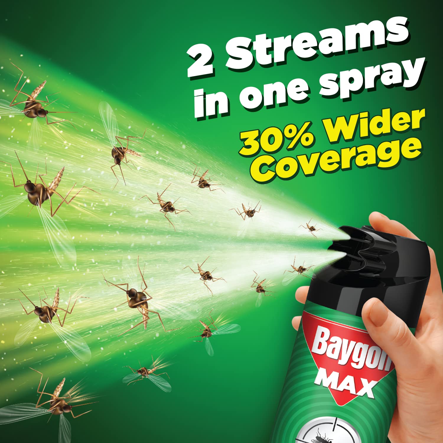 Baygon Max Mosquito and Fly Killer Spray, 625ml | Instant Mosquito Killer | Kills Dengue & Malaria Spreading Mosquitoes | With Double Nozzle Technology for 30% Wider Coverage