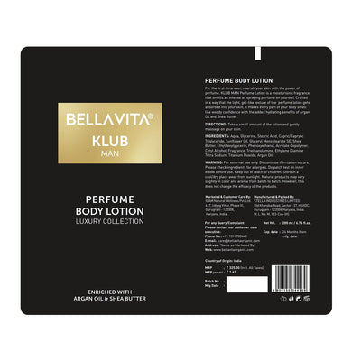 Bella Vita Luxury KLUB Man Body Perfume Lotion for Nourishing, Hydrating, Soft, Supple, Healthy Skin with Argan Oil and Shea Butter 200 ml