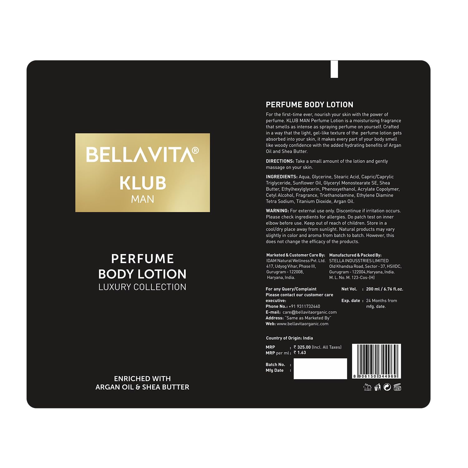 Bella Vita Luxury KLUB Man Body Perfume Lotion for Nourishing, Hydrating, Soft, Supple, Healthy Skin with Argan Oil and Shea Butter 200 ml