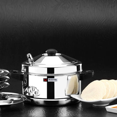 Butterfly Stainless Steel Idli Cooker, Idly Maker Set with 4 Plates, 16 Idlies, Silver, Standard, 4 Liters