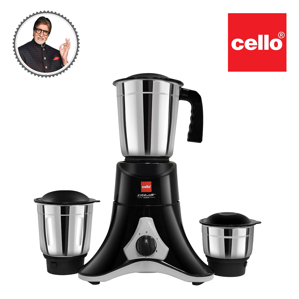 Cello Crown Grind-N-Mix Mixer Grinder 500Watt with 3 Stainless Steel Jars, Black