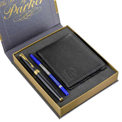 Parker Aster Laque Black Roller Ball Pen with Wallet ( Gold Trim)