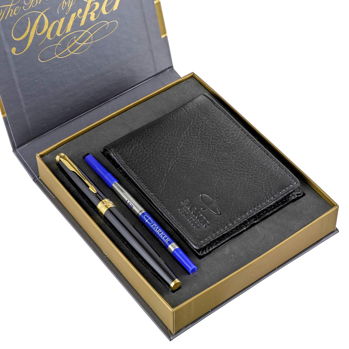 Parker Aster Laque Black Roller Ball Pen with Wallet ( Gold Trim)