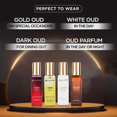 Bella Vita Luxury OUD Experience Eau De Parfum Gift Set 4 x 20ml for Men & Women with OUD, OUD GOLD,OUD DARK,WHITEOUD Perfume|Long Lasting EDP Fragrance Scent