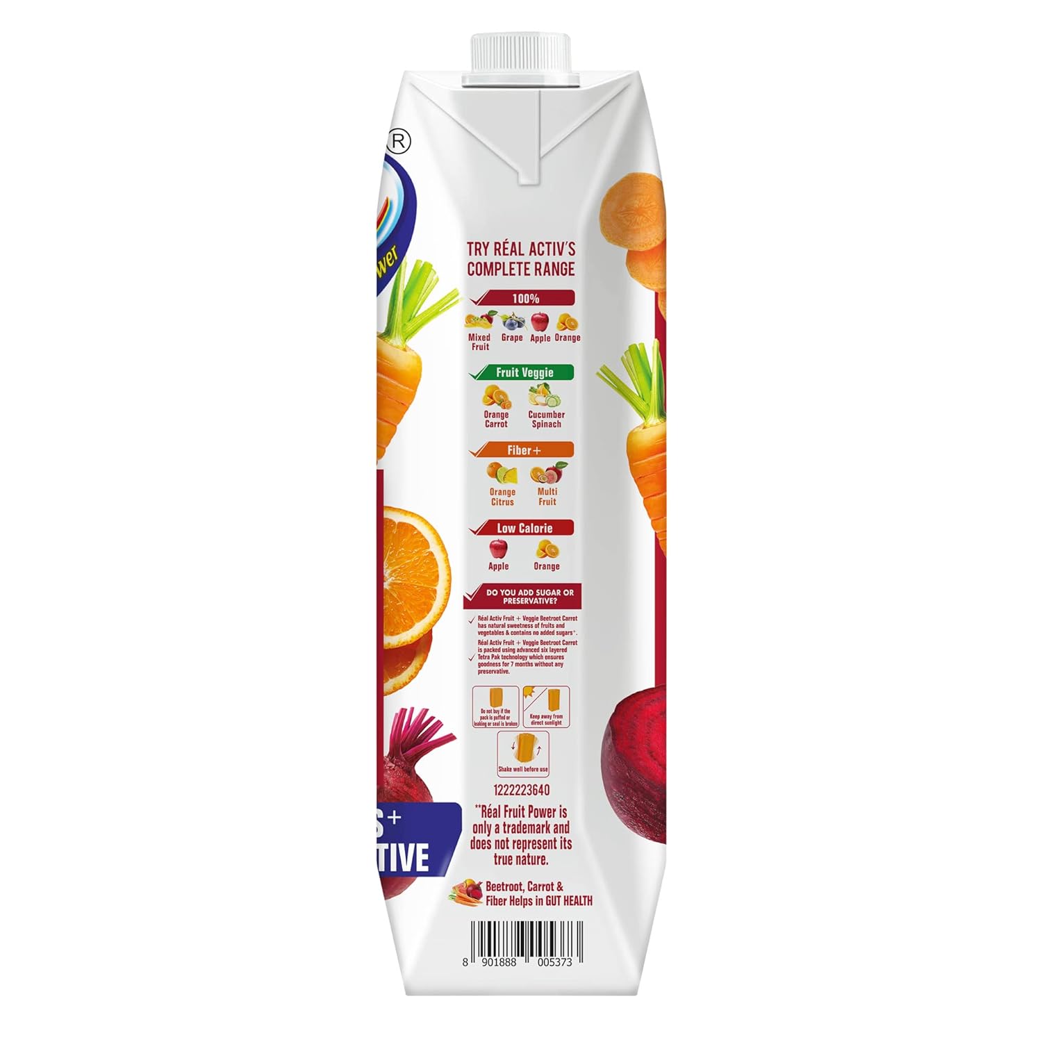 DABUR Real Activ Beetroot Carrot Fruit Juice - 1L | No Added Sugars, No Added Preservatives | For Gut Health | Mix Fruit & Vegetable Juice With Added Fiber | Tasty, Healthy & Refreshing Fruit Drink