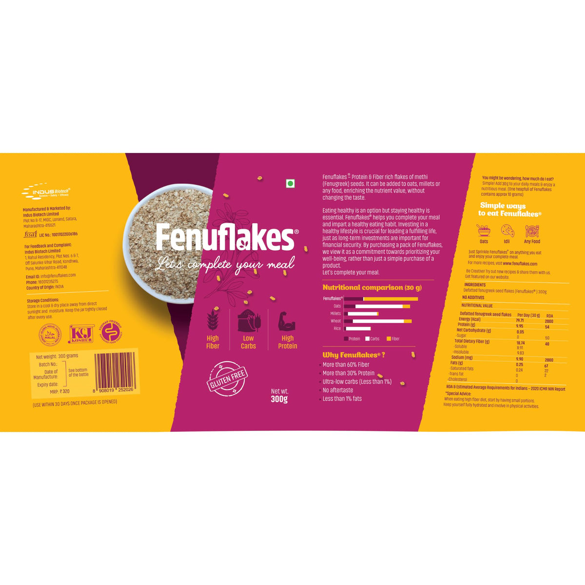 Fenuflakes 300g Fiber supplement | Bloating,acidity,&constipation relief |High Protein|Prebiotic fiber| low carbs |Aids in managing blood sugar levels |Neutral in taste |Add to any food| 30 servings.