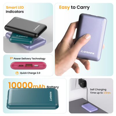 Ambrane 10000mAh Slimmest & Compact (Pocket/Bag Friendly) Powerbank, 22.5W Fast Charging, USB & Type C Output, Power Delivery, Quick Charge for iPhone, Android & Other Devices (Powerlit, Maroon)