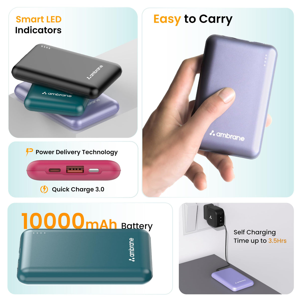 Ambrane 10000mAh Slimmest & Compact (Pocket/Bag Friendly) Powerbank, 22.5W Fast Charging, USB & Type C Output, Power Delivery, Quick Charge for iPhone, Android & Other Devices (Powerlit, Maroon)
