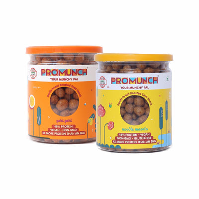 PROMUNCH Roasted Soya Snack - Pack of 2, Flavour: Peri-Peri and Noodle Masala - 150G Each