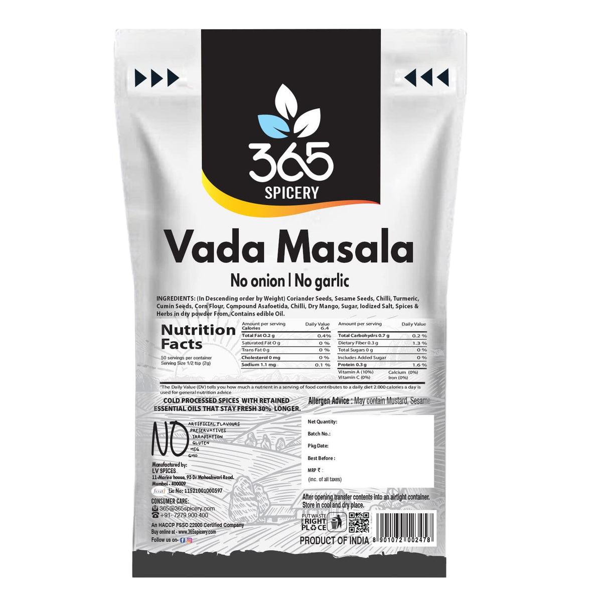 365 SPICERY JAIN Vada Masala | Authentic Blend of Coriander Seeds, Sesame Seeds, Chilli, Turmeric, Cumin Seeds, and More -100 gm, Pouch
