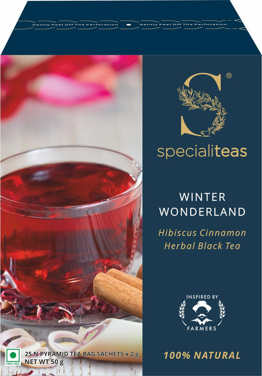 Cherise Specialiteas Winter Wonderland Hibiscus Cinnamon Herbal Black Tea (2 g x 25 Pyramid Tea Bags)