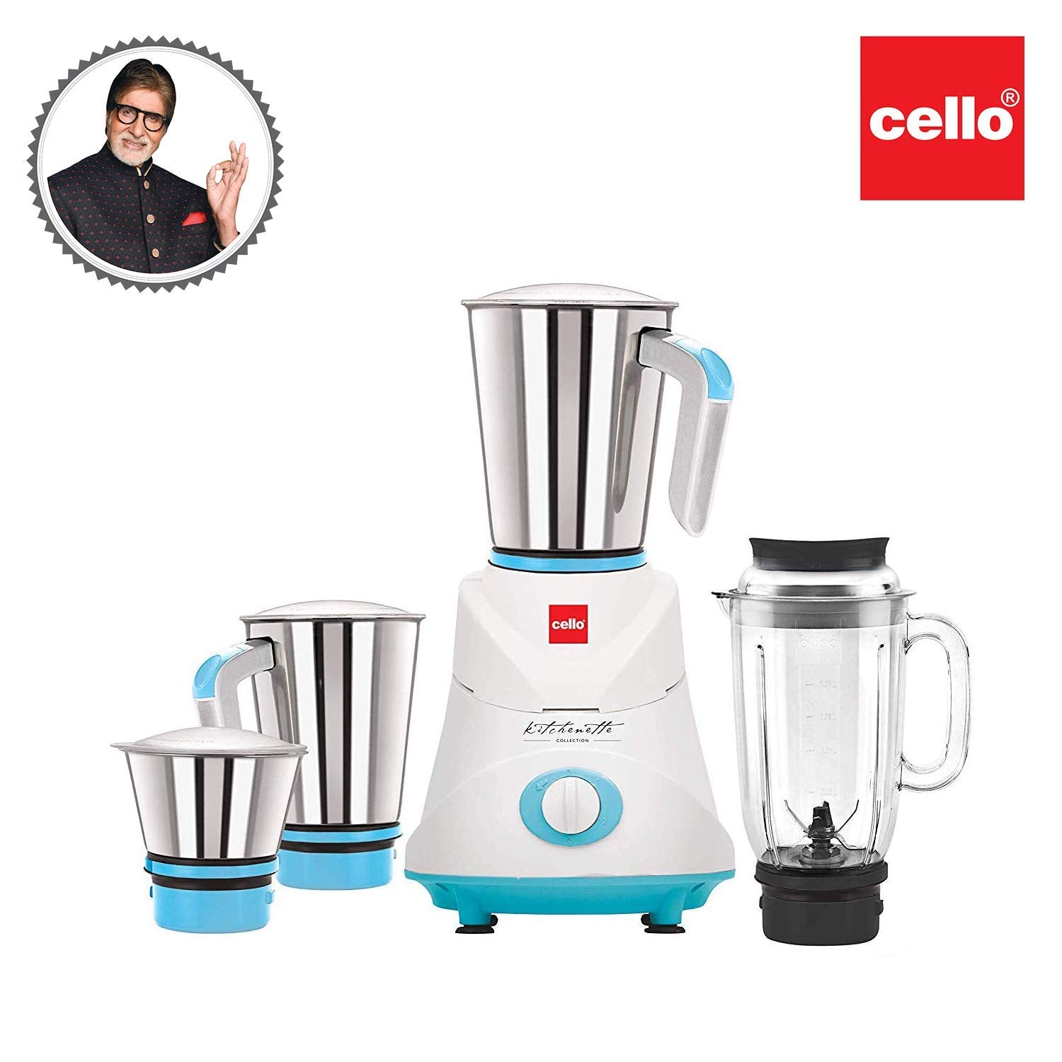 Cello Grind-N-Mix Elite Mixer Grinder, 500 Watts, 3 Stainless Steel Jar and 1 Juicer Jar, Blue and White