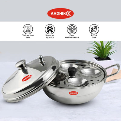 Aadhik Stainless Steel Multi Purpose Kadai with Steel Lid, Idli Maker 2 Idli Plate 8 Cavity Idli Cooker Stainless Steel Idly Pot with Steamer, Silver