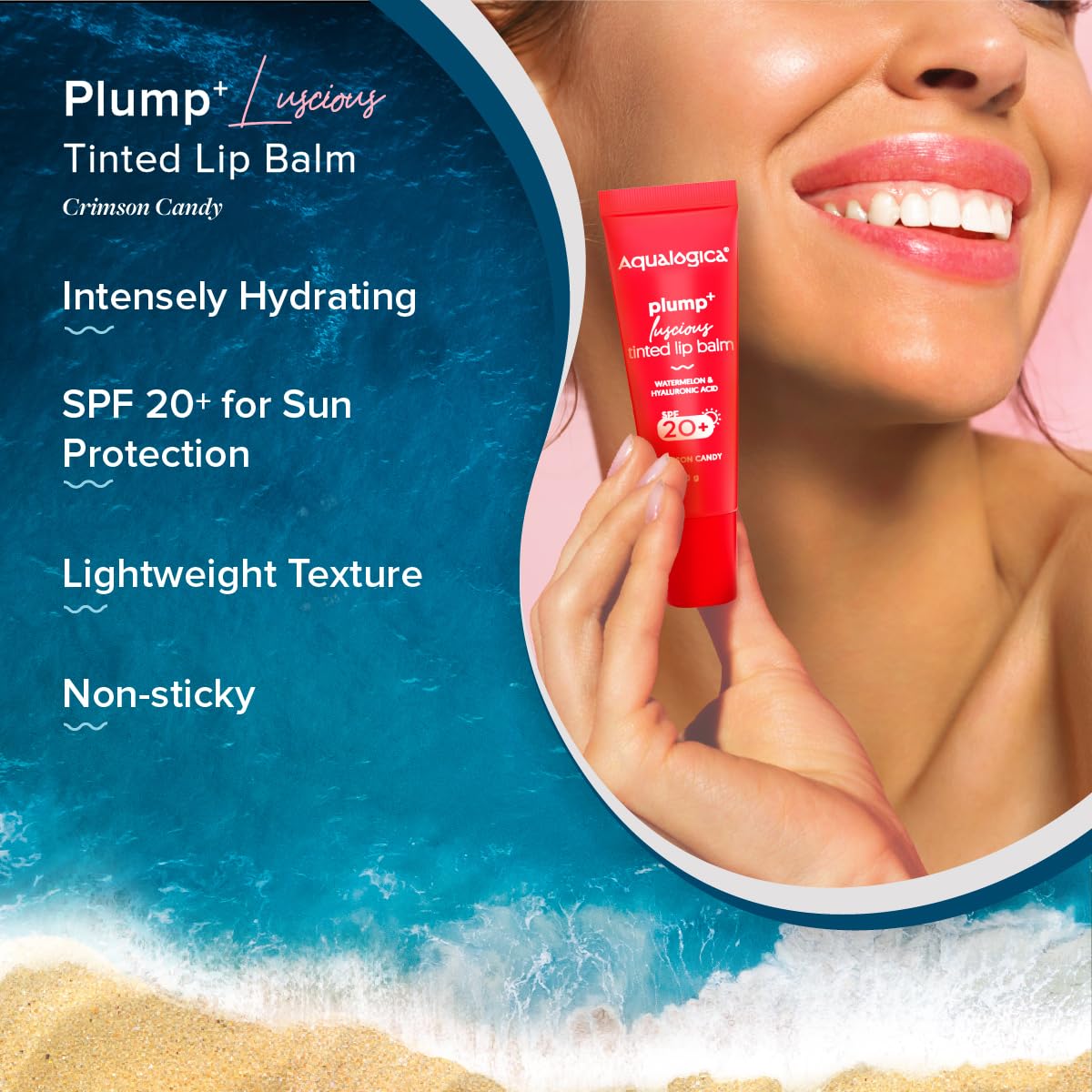 Aqualogica Plump+ Luscious Tinted Lip Balm for Men & Women - Lip Mask for Dry, Dark & Pigmented Lips with Watermelon & Hyaluronic Acid -10g (Crimson Candy)