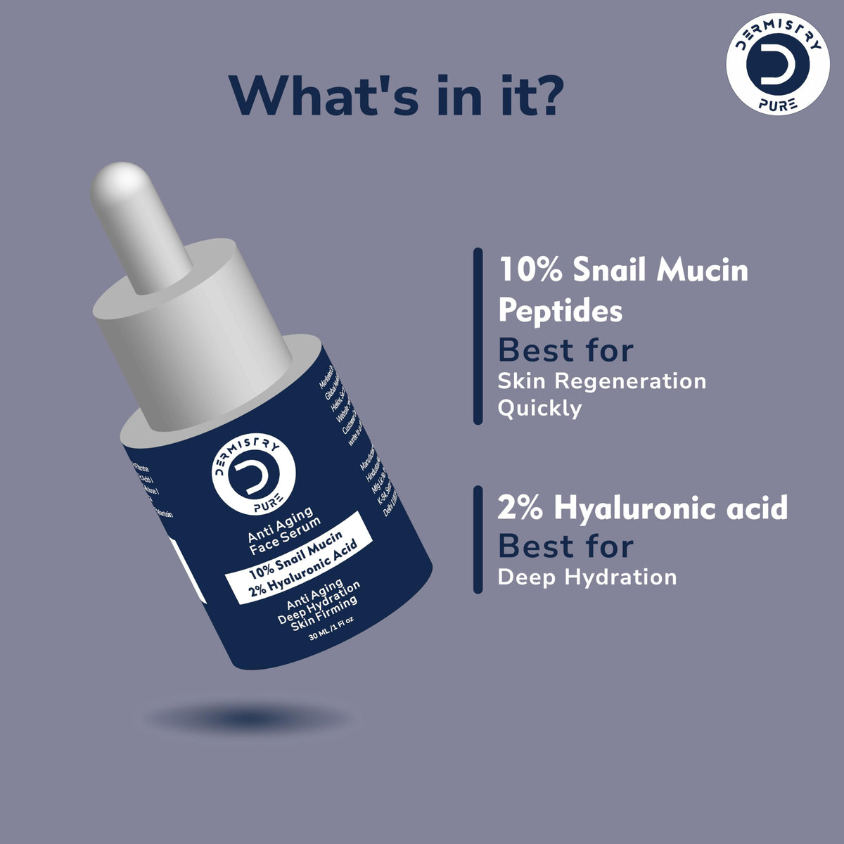 Dermistry Pure 10% Snail Mucin 96 Peptide + 2% Hyaluronic Acid Anti Aging Moisturizer Face Serum Repairs Fine Lines Wrinkles Collagen Boost Skin Lifting Firming Tightening Hydrating Anti Ageing 30ml