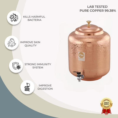 Copper-Master 5 Litre Pure Copper Hammered Water Dispenser (Matka) Container Pot with 2 Pure Copper Glasses Pure Copper and Ayurvedic Health Benefits (5000 ml + 600 ml)