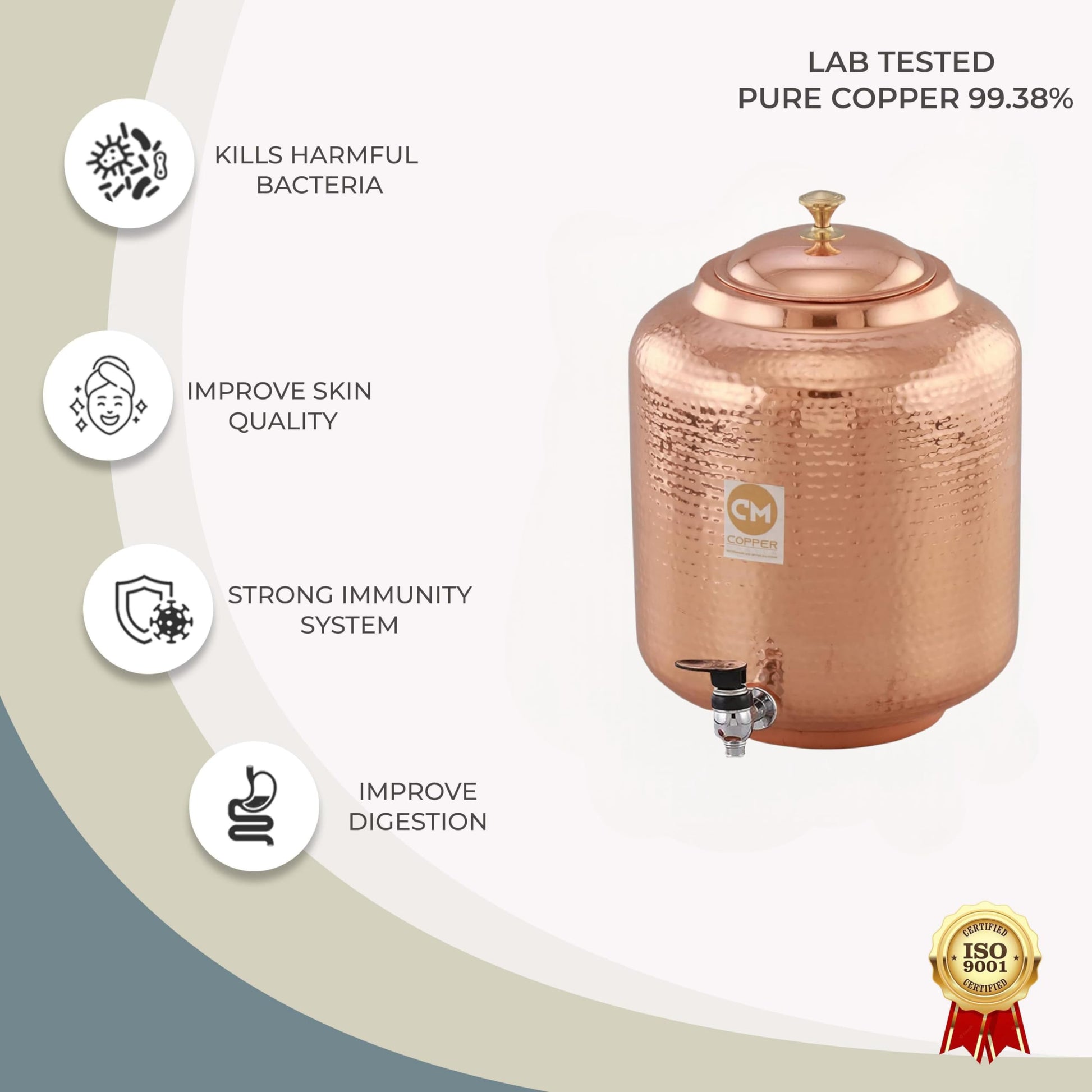 Copper-Master 5 Litre Pure Copper Hammered Water Dispenser (Matka) Container Pot with 2 Pure Copper Glasses Pure Copper and Ayurvedic Health Benefits (5000 ml + 600 ml)