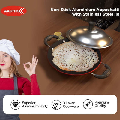 AADHIK Non-Stick Appa Chetty, Aluminium Appachatty, 23cm Diameter, 2.6mm Appachatti, Gas Compatible, Red