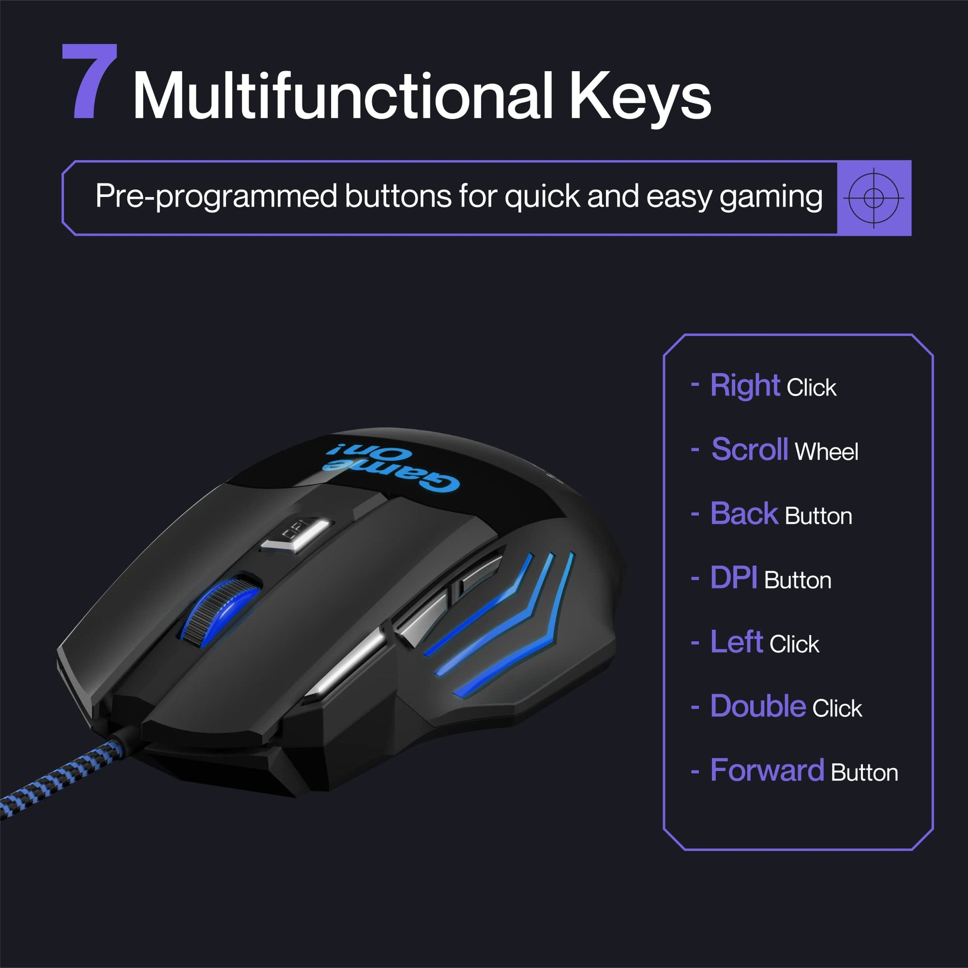 Ambrane Trone Wired Gaming Mouse with 7 Programmable Buttons, 3-Speed Customizable 3600 DPI, Comfortable Grip, Breathing LED Lighting, Fast Response Time, 1.5m Long USB Cable, Lightweight (Black)
