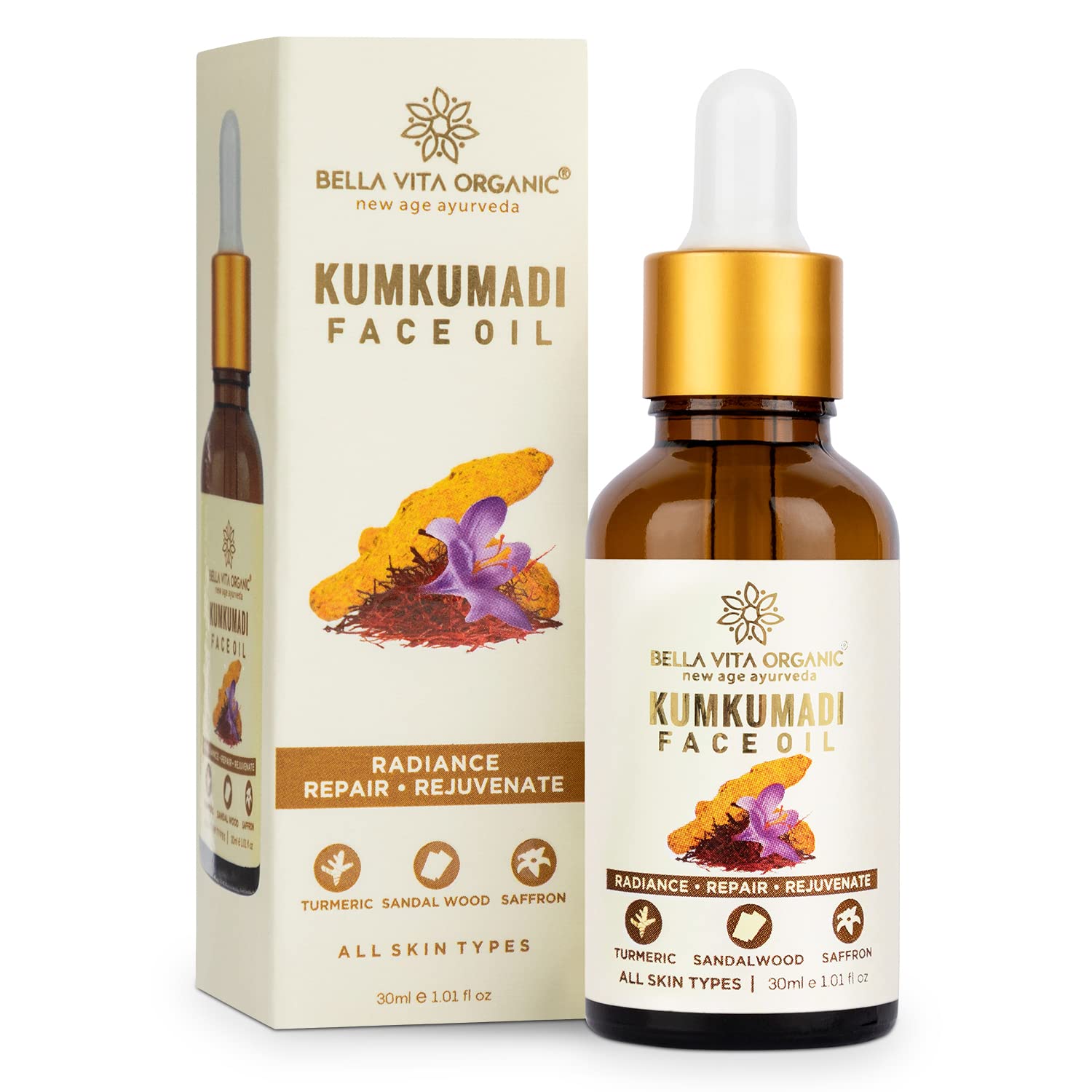 4x Bella Vita Organic Kumkumadi Face Glow Oil for Dry to Normal Skin for Soothing & Moisturization with Sandalwood, Saffron, Turmeric and Sesame Oil, 30ml - Pack of 4