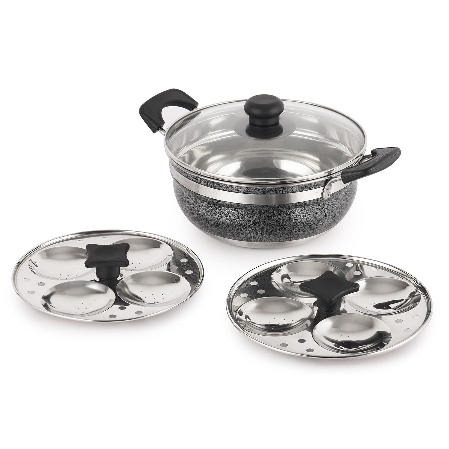 Cello Magna Stainless Steel Multi Kadai Idli cooker with Glass Lid & 2 Idli Plates | Multi-purpose use | Perfect for Frying, Sautéing, Roasting, Preparing sabjis | Dishwasher Safe