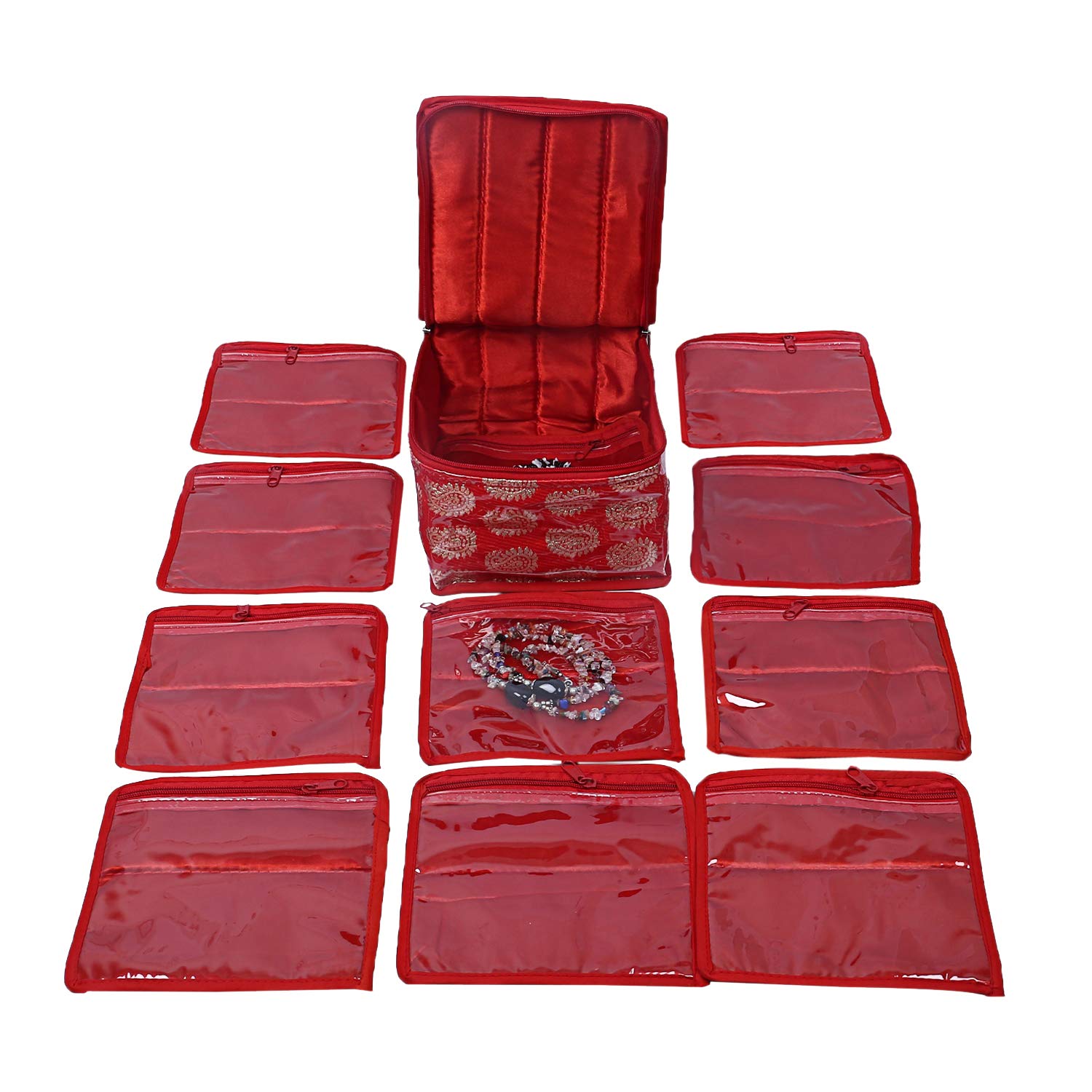 Brocade Jewellery Box/Organizer with 10 Pouch - Red-CTKTC21465