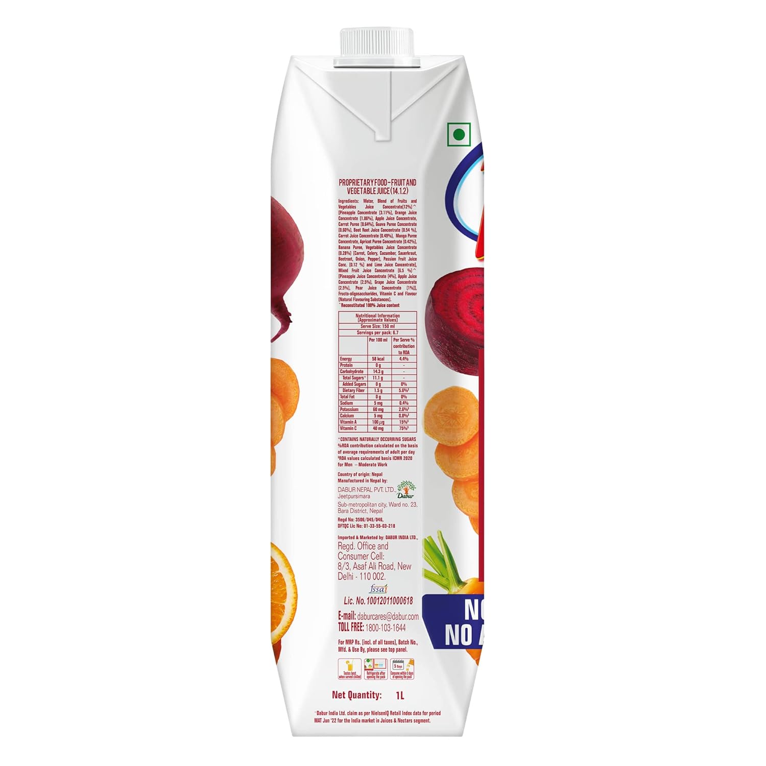 DABUR Real Activ Beetroot Carrot Fruit Juice - 1L | No Added Sugars, No Added Preservatives | For Gut Health | Mix Fruit & Vegetable Juice With Added Fiber | Tasty, Healthy & Refreshing Fruit Drink