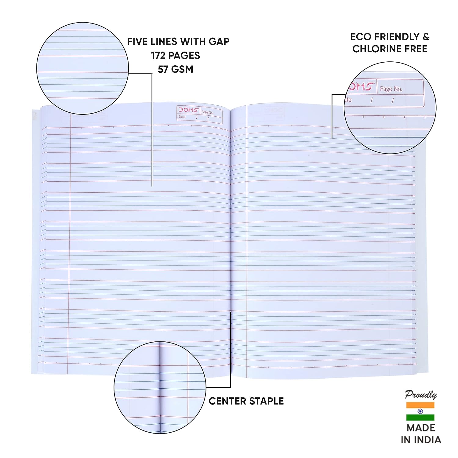 Doms Brown Cover Notebook | Five Lines With Gap | 57GSM | 172 Pages | 18 x 24 cm | Pack of 6