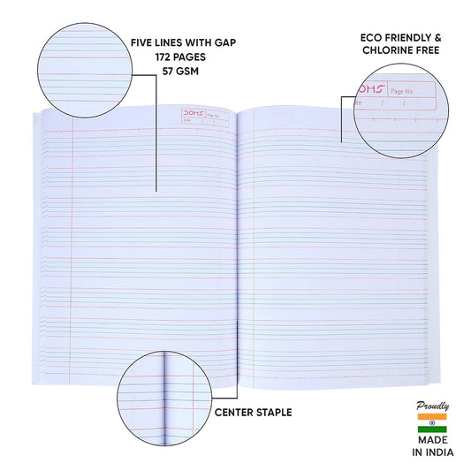 Doms Brown Cover Notebook | Five Lines With Gap | 57GSM | 172 Pages | 18 x 24 cm | Pack of 6