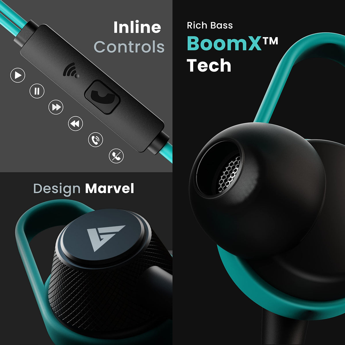Boult Audio Bassbuds Loop 2 Wired in Ear Earphones with Mic, 10mm Powerful Driver for Extra Bass with Customizable Ear Loop (Teal Blue)
