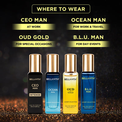 Bella Vita Luxury Collection Eau De Parfum Gift Set 4 x 20ml for Men & Women with OUD GOLD, OCEAN, B.L.U & CEO Man Perfume|Long Lasting EDP Fragrance Scent