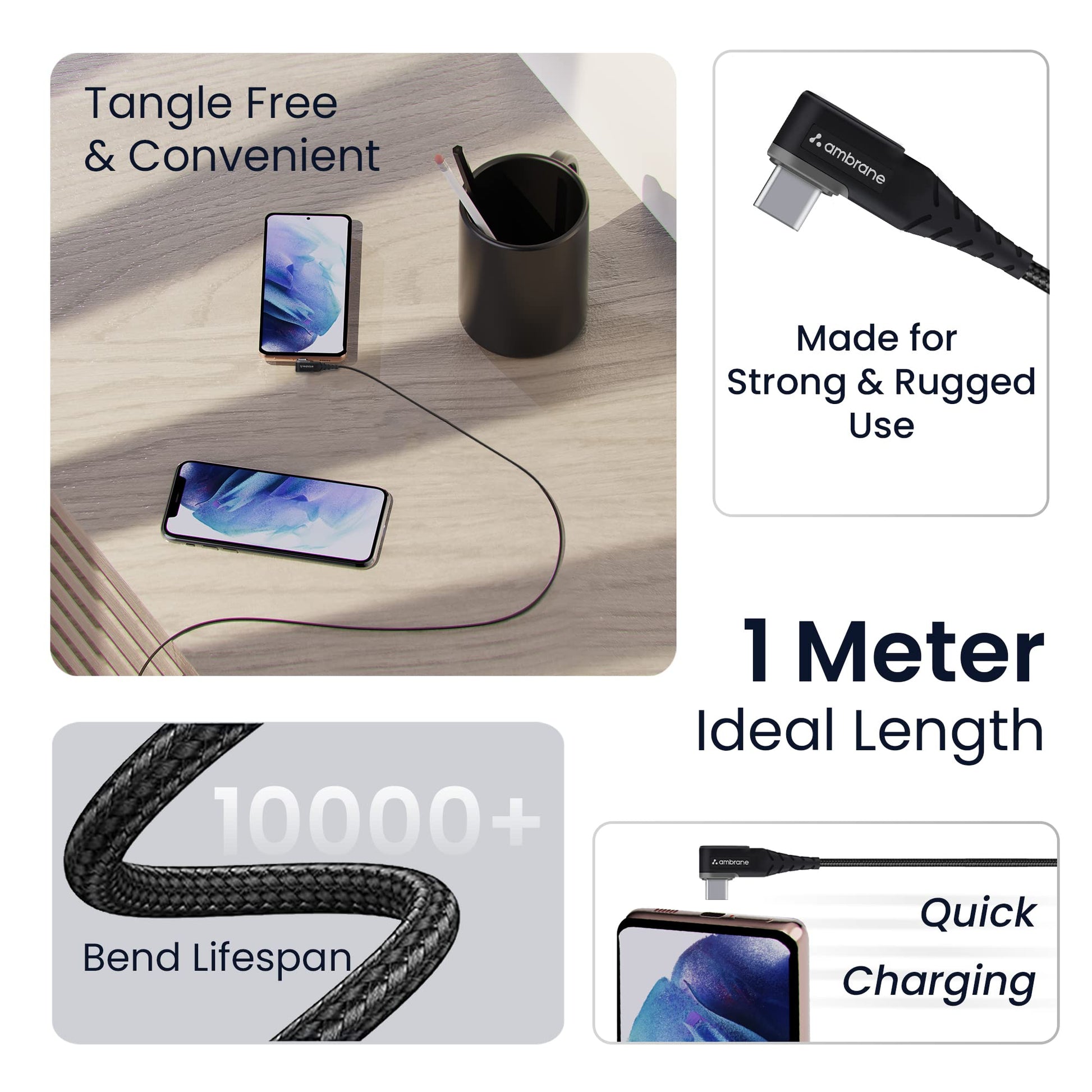 Ambrane Type C Mobile Charging Cable 3A Fast Charging, 1.5m L Shaped Braided Cable, 480Mbps Data Transfer for Smartphones, Tablet, Laptops & Other Type C Devices (ABLC10, Black) (Pack of 2)