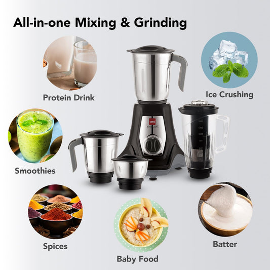 Cello Hercules Mixer Grinder 750W, Black- 2 Year Warranty (Wet Jar with Lid- 1.2 L; Dry Jar with Lid- 1L; Chutney Jar with Lid- 500ml; Juicer Jar Capacity- 1500ml; Spatula)