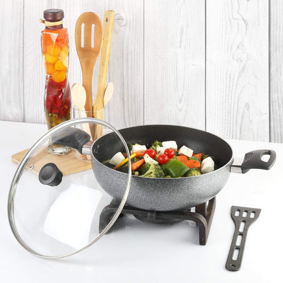 Cello Non Stick Hammered Tone Kadhai with Glass Lid 2.5 LTR, Black & Grey, Aluminium