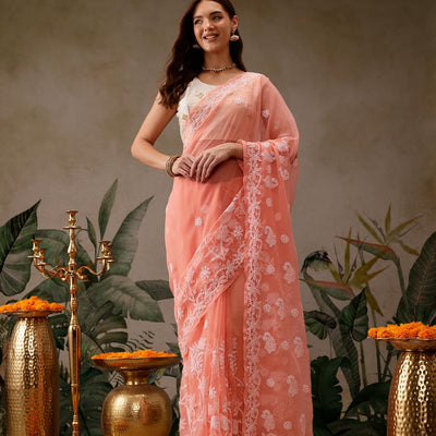 Ada Latest Chikan Peach Georgette Fancy Saree Blouse With Designer Embroidered Motifs A130092