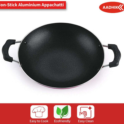 AADHIK Non-Stick Appa Chetty, Aluminium Appachatty, 23cm Diameter, 2.6mm Appachatti, Gas Compatible, Red