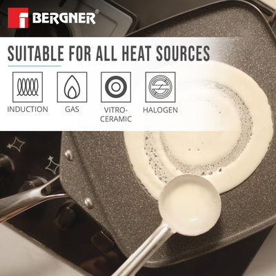 BERGNER Argent Samsara Triply Stainless Steel 27cm Square Multi Tawa with Quantanium Non-Stick Coating, Consumes Less Oil, Healthy Cooking, Even and Fast Heating, Easy to Clean - Induction Compatible