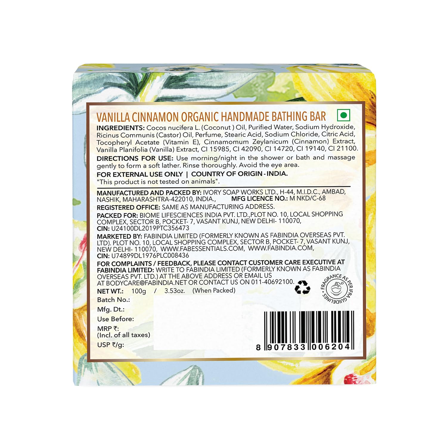 8x Fabessentials Vanilla Cinnamon Handmade Bathing Bar | 100% Organic | with Coconut Oil | Cleanses, Nourishes & Brightens Skin | Vegan & Palm-Oil Free - 100 gm Pack of 8