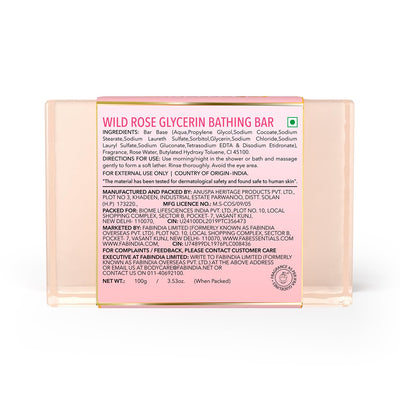 8x Fabessentials Wild Rose Glycerin Bathing Bar | with Castor Oil & Aloe Vera | for Refreshing, Nourishing and Cleansing Skin | Vegan & Toxin Free - 100 gm Pack of 8