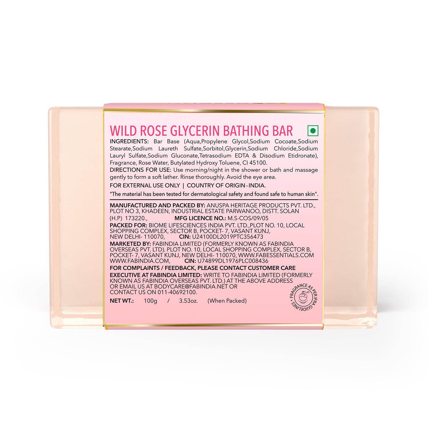 8x Fabessentials Wild Rose Glycerin Bathing Bar | with Castor Oil & Aloe Vera | for Refreshing, Nourishing and Cleansing Skin | Vegan & Toxin Free - 100 gm Pack of 8