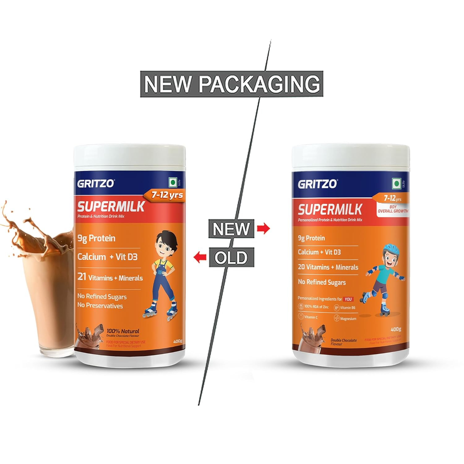 Gritzo SuperMilk Overall Growth (7-12y Boys), 9g Protein (Double Chocolate, Zero Refined Sugar, 20 Vitamins & Minerals
