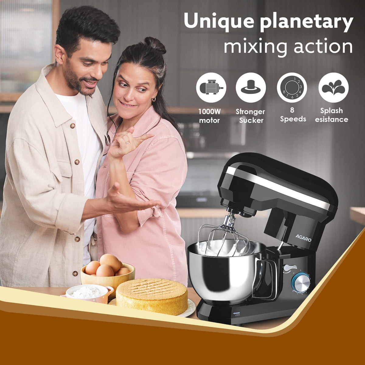 AGARO Royal Stand Mixer 1000W with 5L SS Bowl and 8 Speed Setting I Includes Whisking Cone, Mixing Beater & Dough Hook, and Splash Guard, 2 Years Warranty, (Black) (Indian Plug)